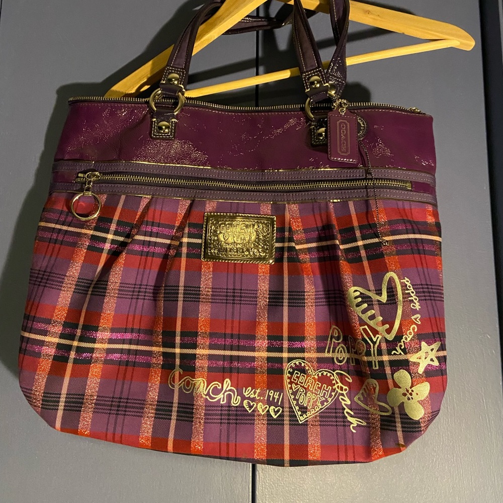 Large Coach Poppy Berry Plaid Purse